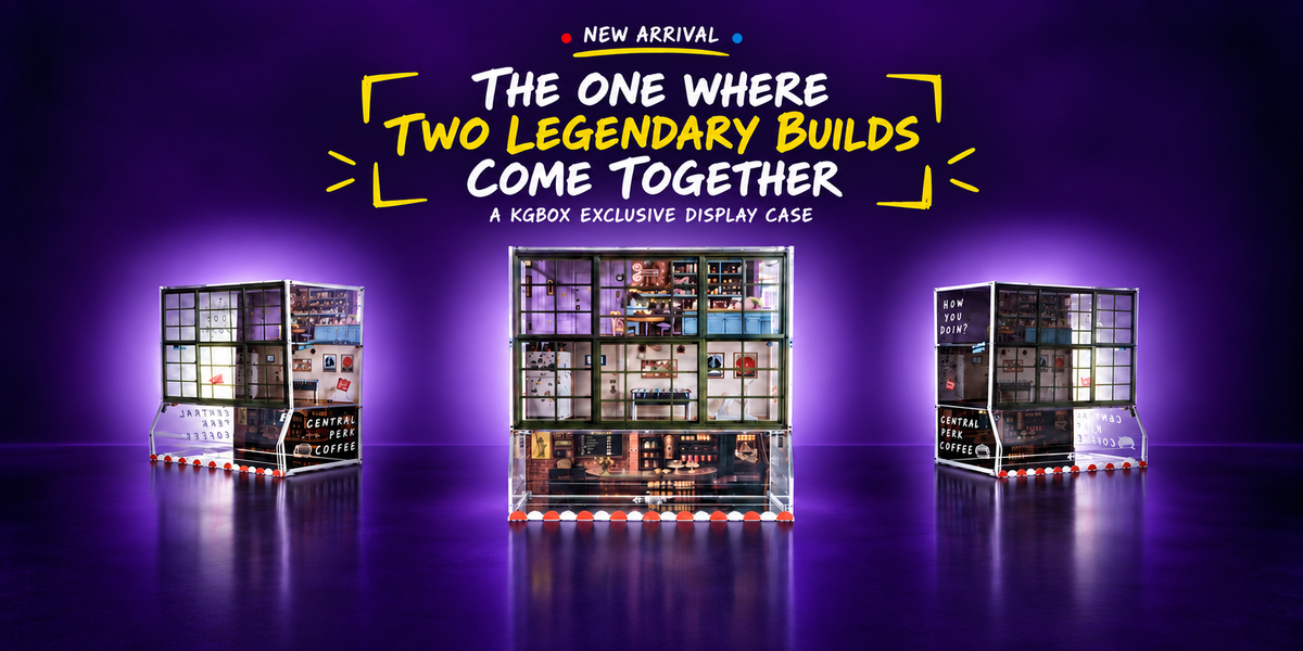 LEGO 21319 10292 Friends Apartments Central Perk display case, front view with model visible – KGBOX