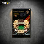 KGBOX LED UV acrylic wall frame for LEGO 10272 Old Trafford Stadium, lit front view with Lego stadium set