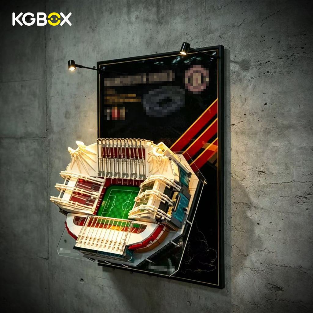 Close-up of UV printed KGBOX wall frame tailored for LEGO 10272 Manchester United stadium