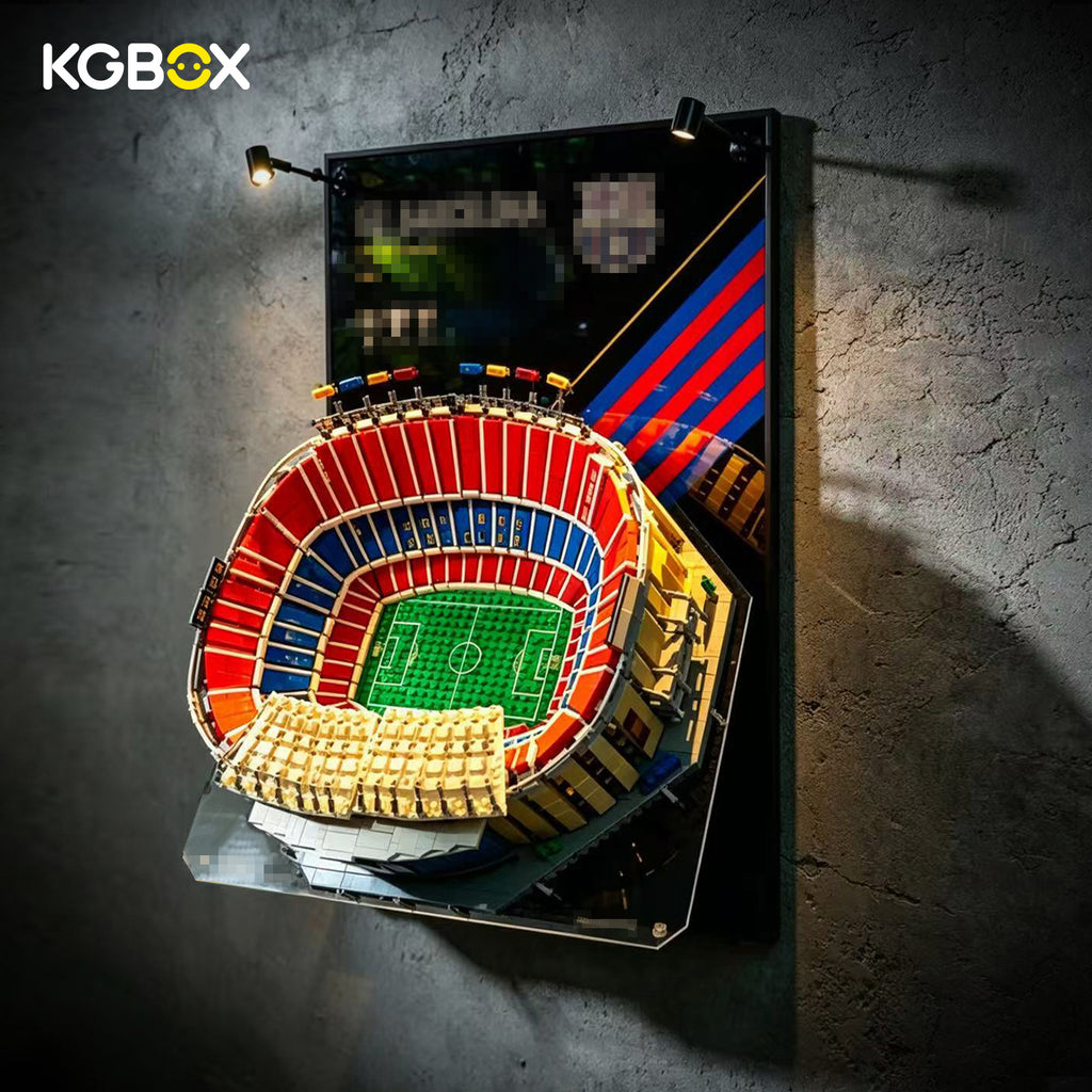 Close-up of UV printed KGBOX wall frame tailored for LEGO 10284 Barcelona Camp Nou