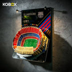 Close-up of UV printed KGBOX wall frame tailored for LEGO 10284 Barcelona Camp Nou