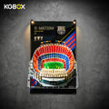 KGBOX LED UV acrylic wall frame for LEGO 10284 Camp Nou Stadium, lit front view with Lego stadium set