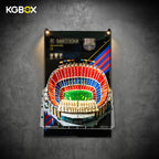 KGBOX LED UV acrylic wall frame for LEGO 10284 Camp Nou Stadium, lit front view with Lego stadium set