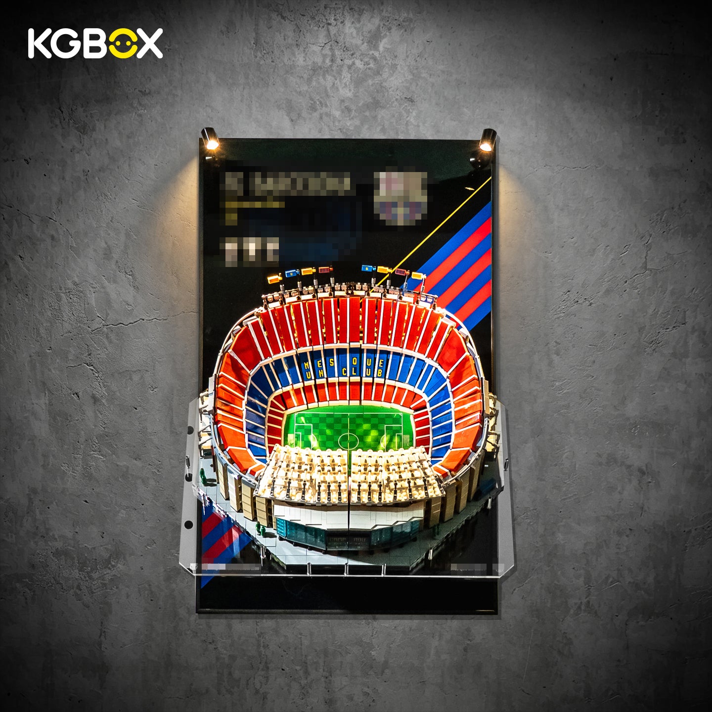 KGBOX LED UV acrylic wall frame for LEGO 10284 Camp Nou Stadium, lit front view with Lego stadium set