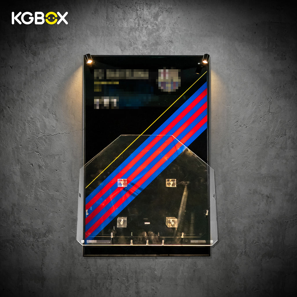 Empty wall-mounted KGBOX acrylic frame custom-sized for LEGO 10284 Camp Nou Stadium