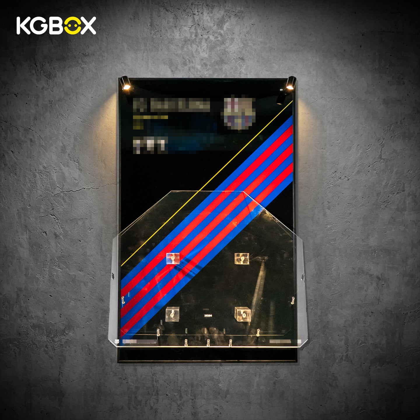 Empty wall-mounted KGBOX acrylic frame custom-sized for LEGO 10284 Camp Nou Stadium