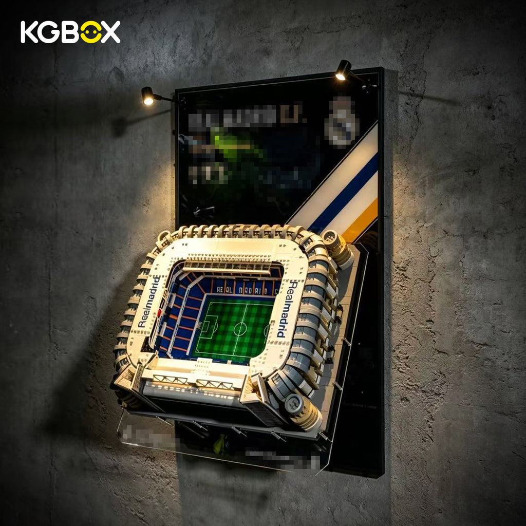 Close-up of UV printed KGBOX wall frame tailored for LEGO 10299 Real Madrid stadium