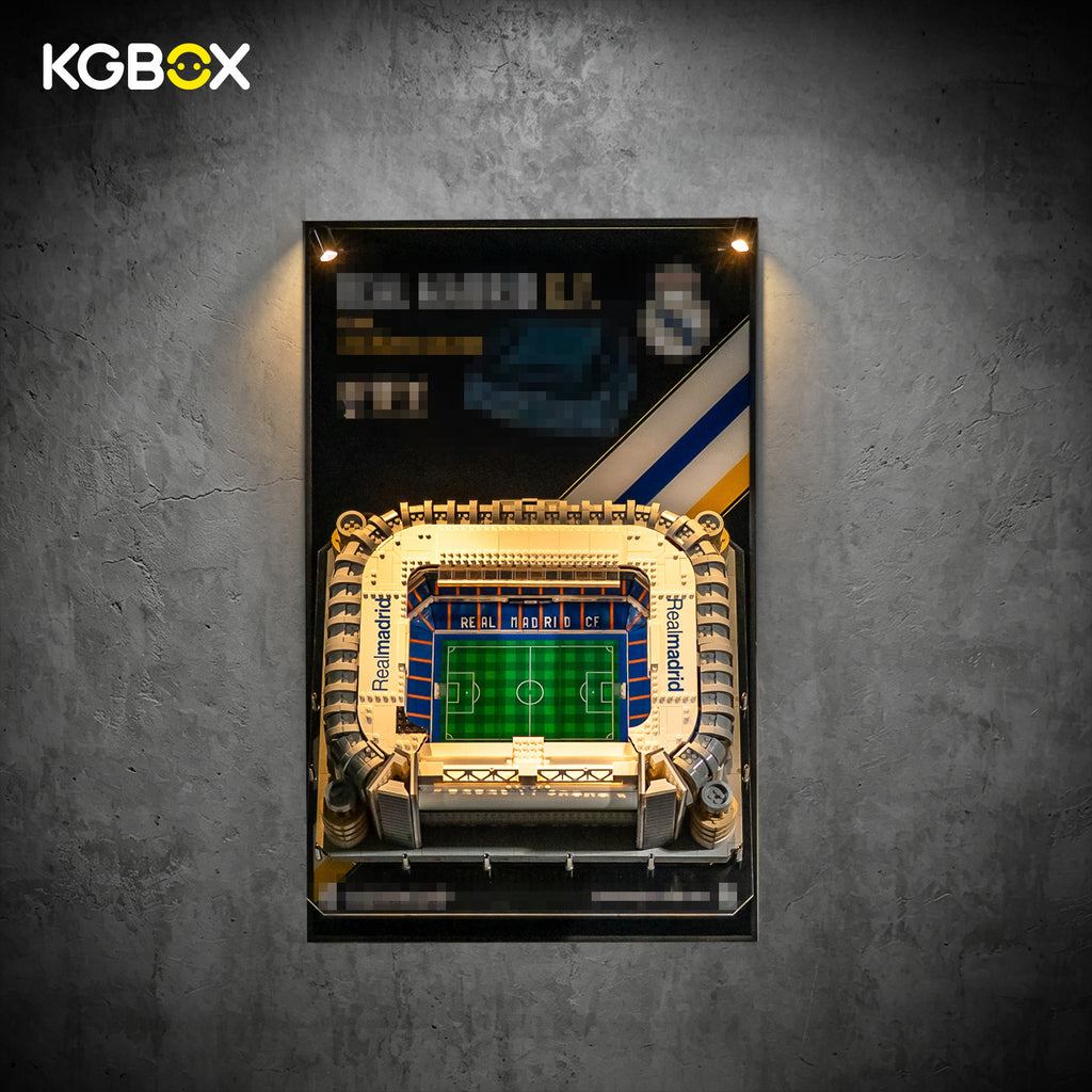 KGBOX LED UV acrylic wall frame for LEGO 10299 Santiago Bernabéu Stadium, lit front view mounted with Lego set