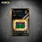 KGBOX LED UV acrylic wall frame for LEGO 10299 Santiago Bernabéu Stadium, lit front view mounted with Lego set