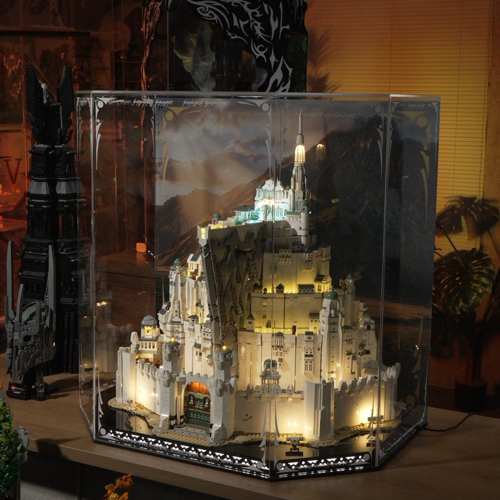 Side view of premium KGBOX case fitted with LED lighting, LEGO 11377 Minas Tirith placed inside to show case depth