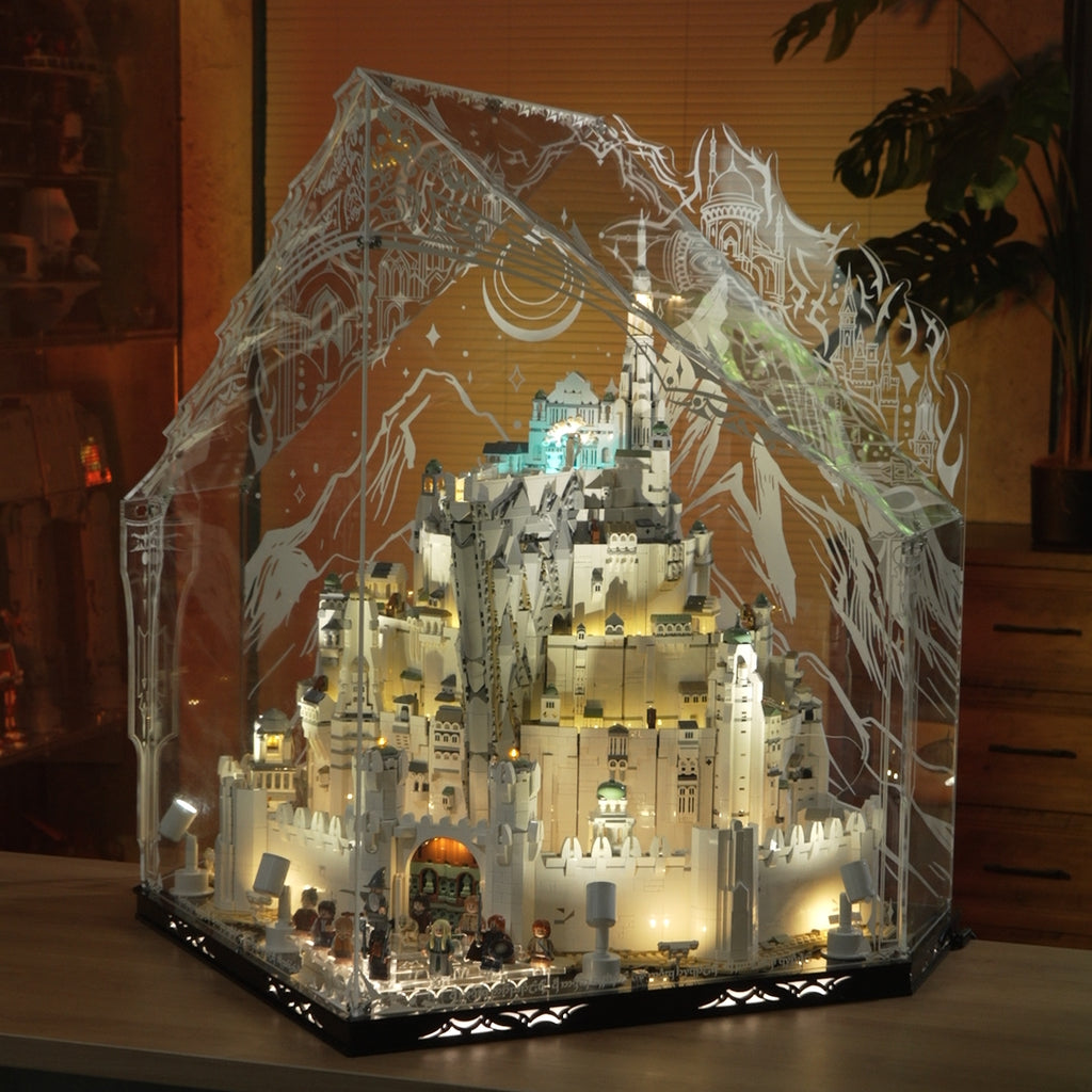 Side profile of deluxe KGBOX lit display case, LED installed with LEGO 11377 Lord of the Rings castle inside