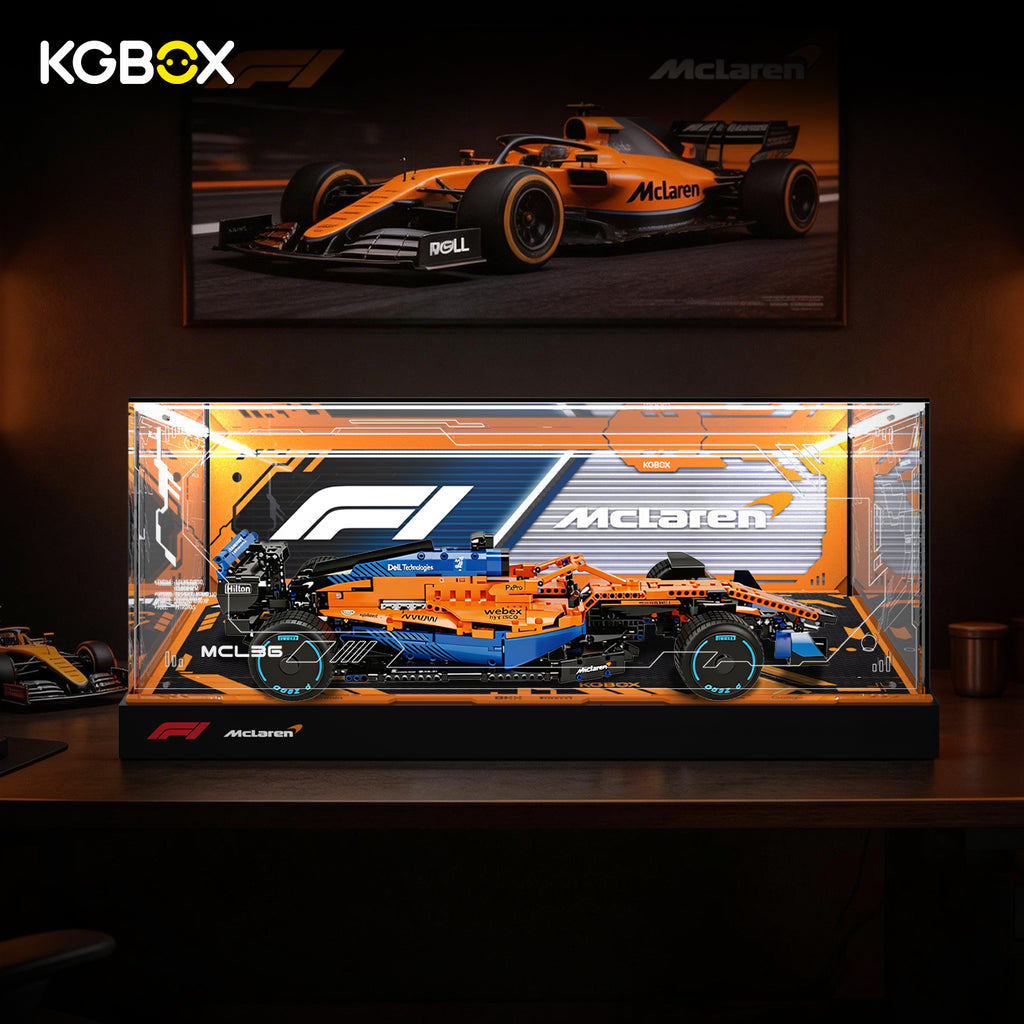 42141 LEGO McLaren Formula 1 Race Car Technic Acrylic Display Case with LED Lights and Printed Background 16