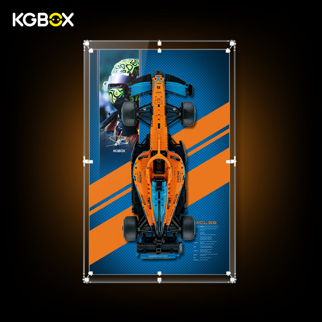 42141 LEGO McLaren Formula 1 Race Car Technic Wall Mounted Acrylic Display Case with Printed Background 1