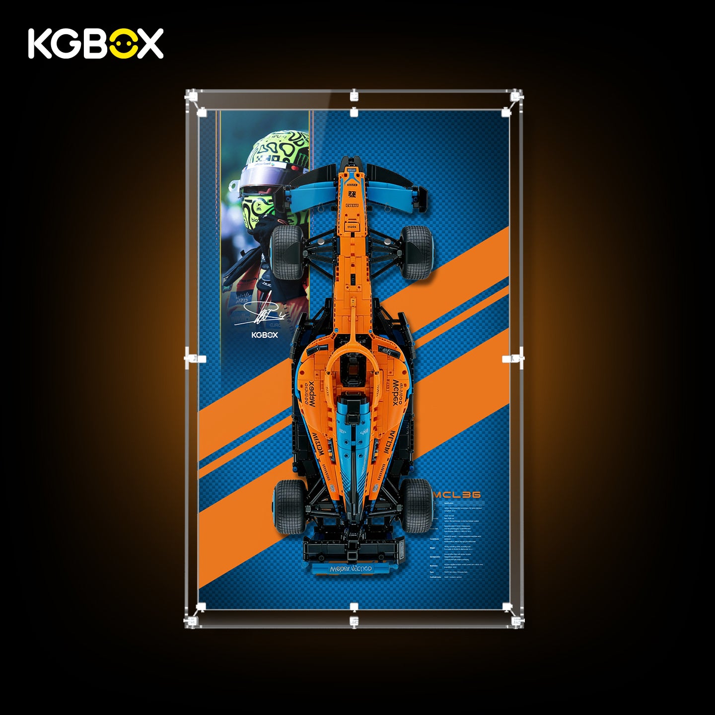 42141 LEGO McLaren Formula 1 Race Car Technic Wall Mounted Acrylic Display Case with Printed Background 1