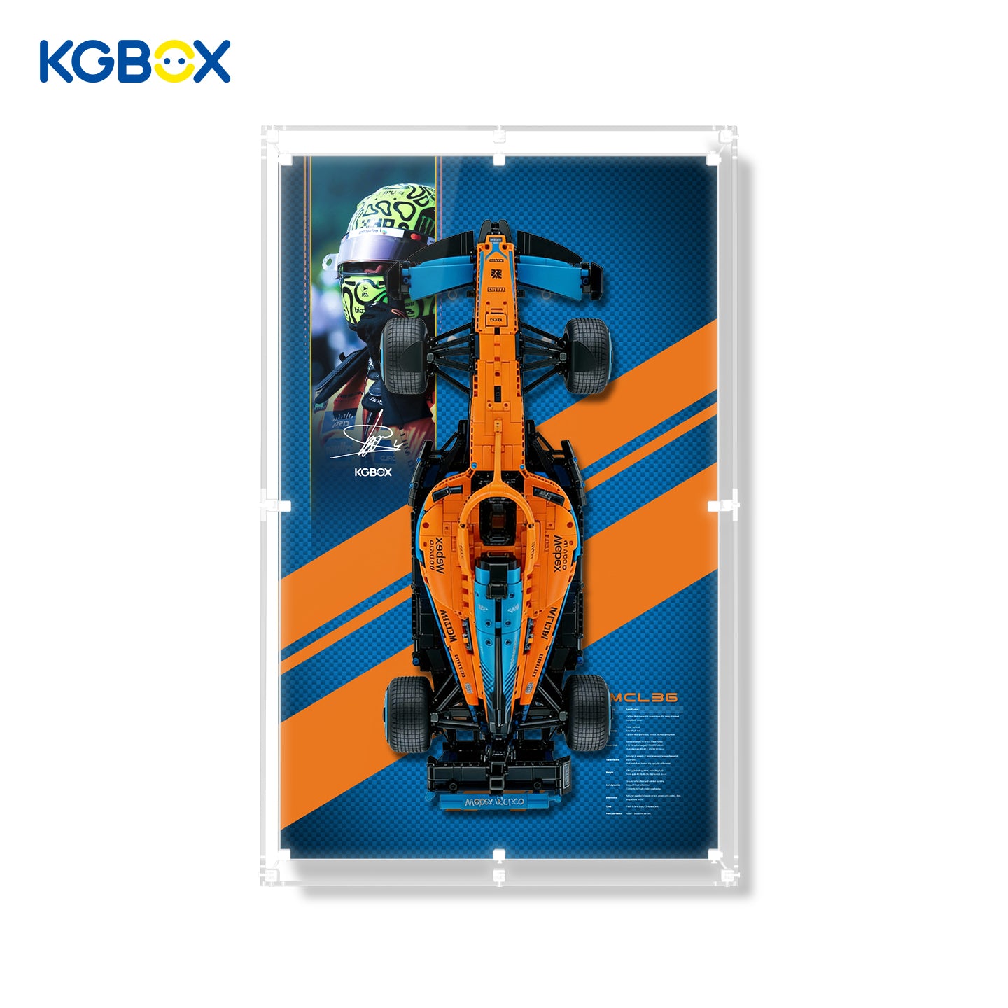42141 LEGO McLaren Formula 1 Race Car Technic Wall Mounted Acrylic Display Case with Printed Background 3