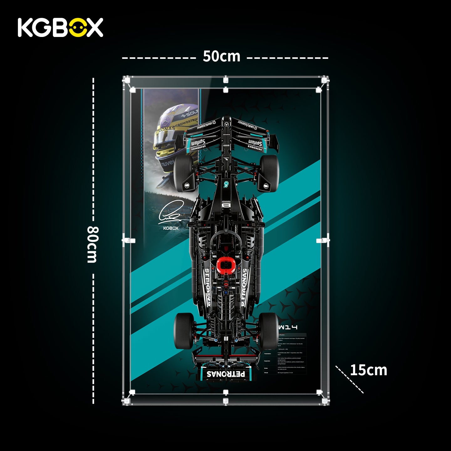 42171 LEGO Mercedes-AMG F1 W14 E Performance Technic Acrylic Display Case with Printed Background Size Guide
