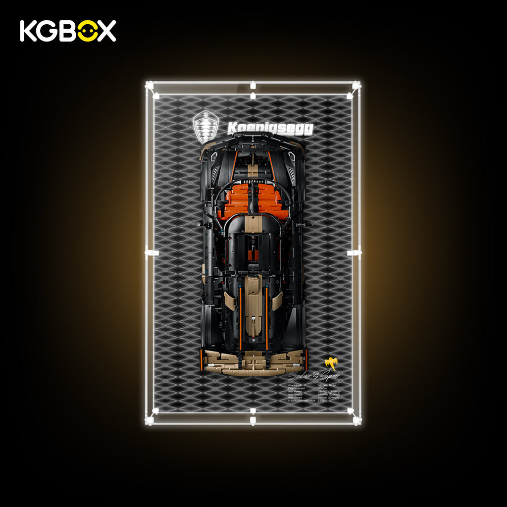 KGBOX laser engraved LED lighted display case for LEGO 42232 Koenigsegg Sadair's Spear, glowing racing pattern backboard with hypercar inside