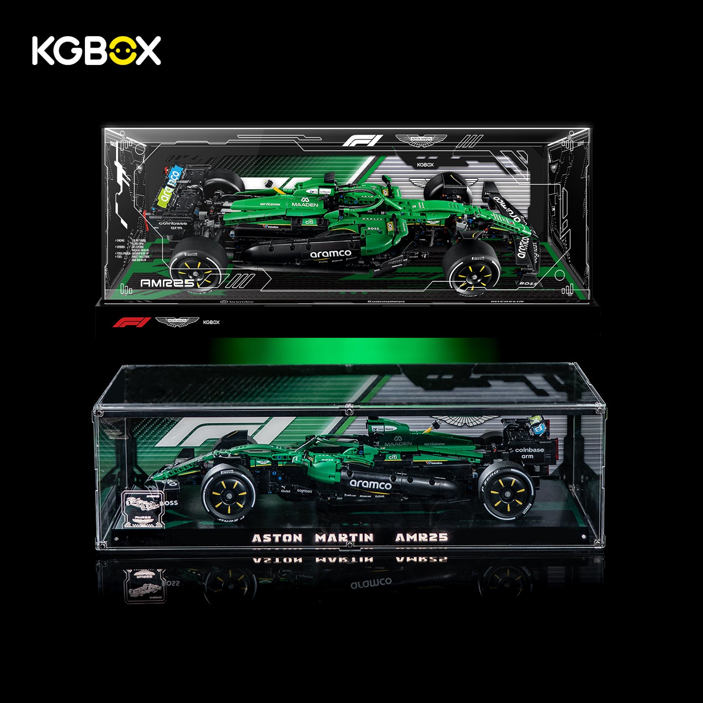 KGBOX Premium Display for LEGO 42240 Aston Martin Aramco AMR25 F1 Car - LED & UV Print