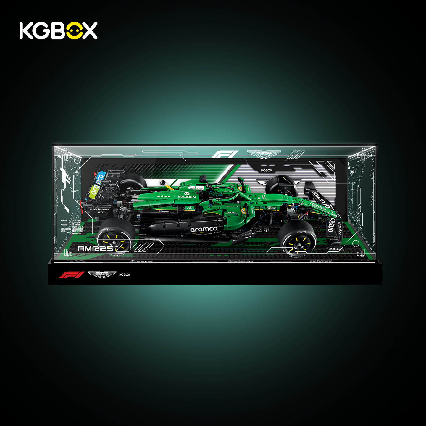 KGBOX Premium Display for LEGO 42240 Aston Martin Aramco AMR25 F1 Car - LED & UV Print