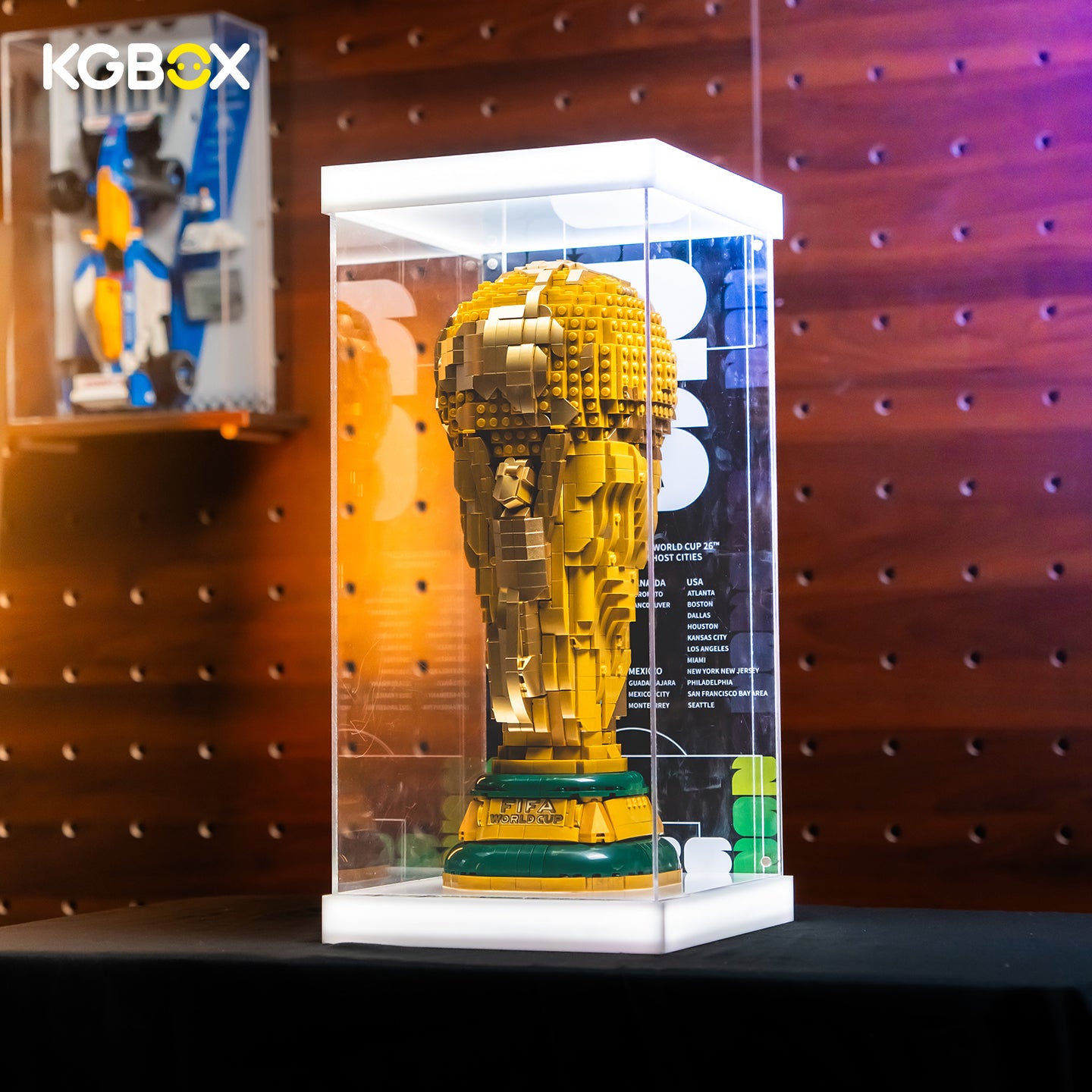 43020 LEGO FIFA World Cup Official Trophy Editions Acrylic Display Case with LED Lights and Printed Background