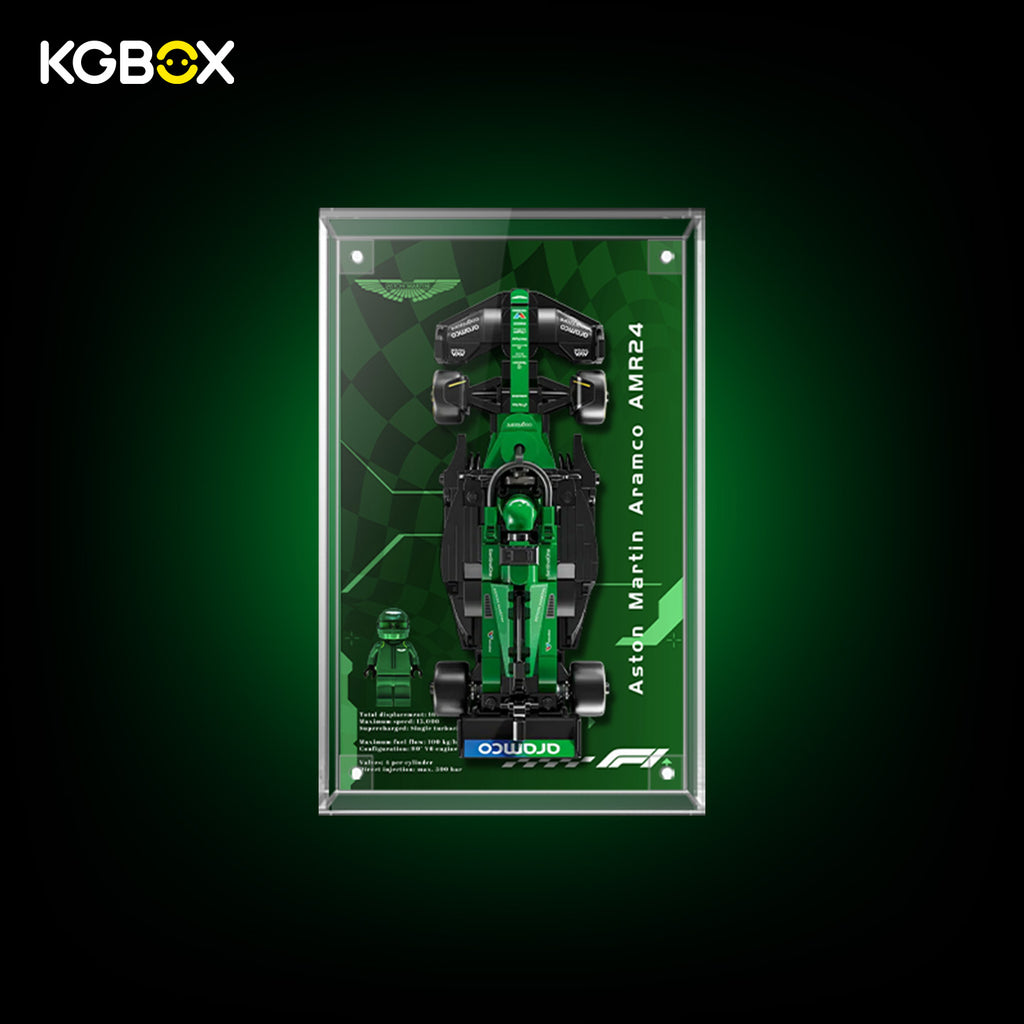 77245 LEGO Aston Martin Aramco F1 AMR24 Race Car Speed Champions Acrylic Display Case with Printed Background