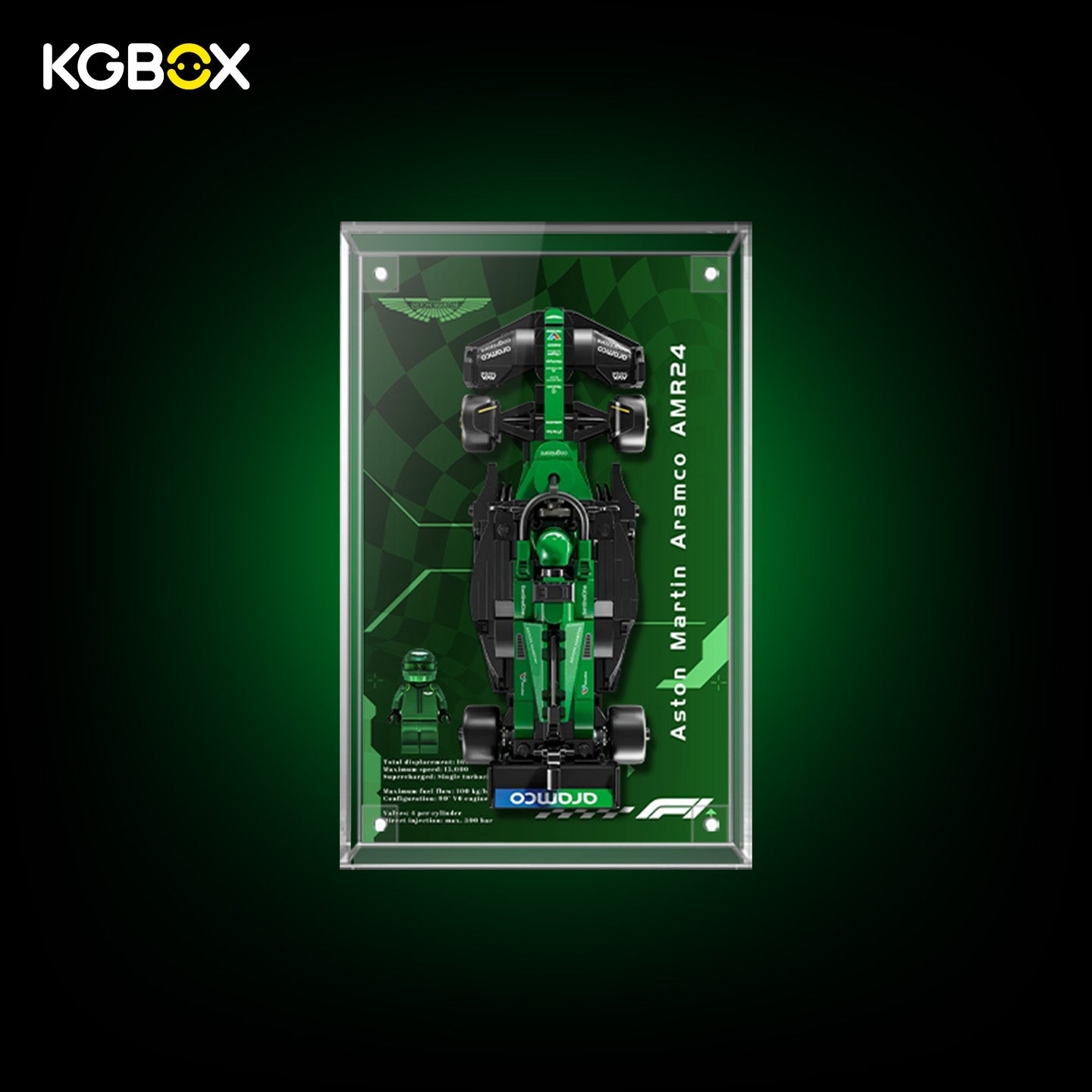 77245 LEGO Aston Martin Aramco F1 AMR24 Race Car Speed Champions Acrylic Display Case with Printed Background