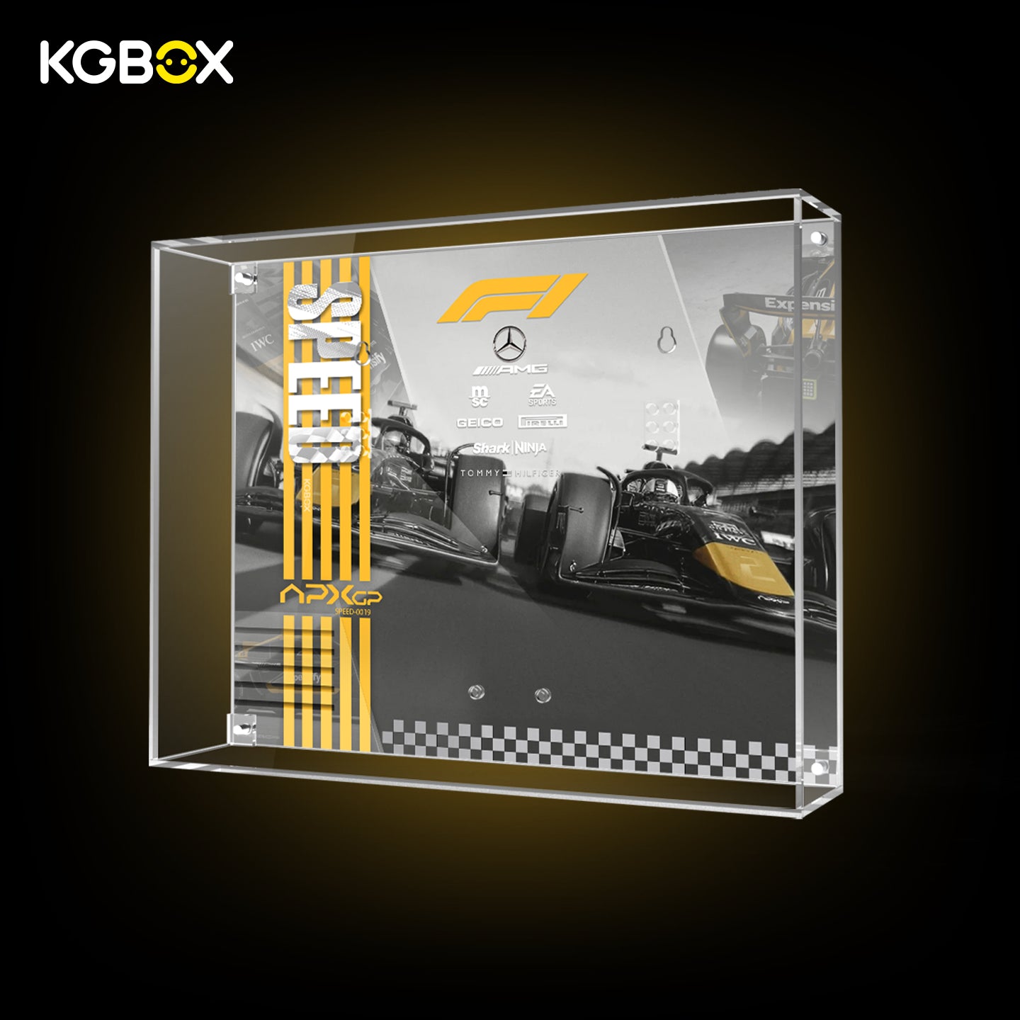 77252 LEGO APXGP Team Race Car from F1 The Movie Speed Champions Acrylic Display Case with Printed Background 