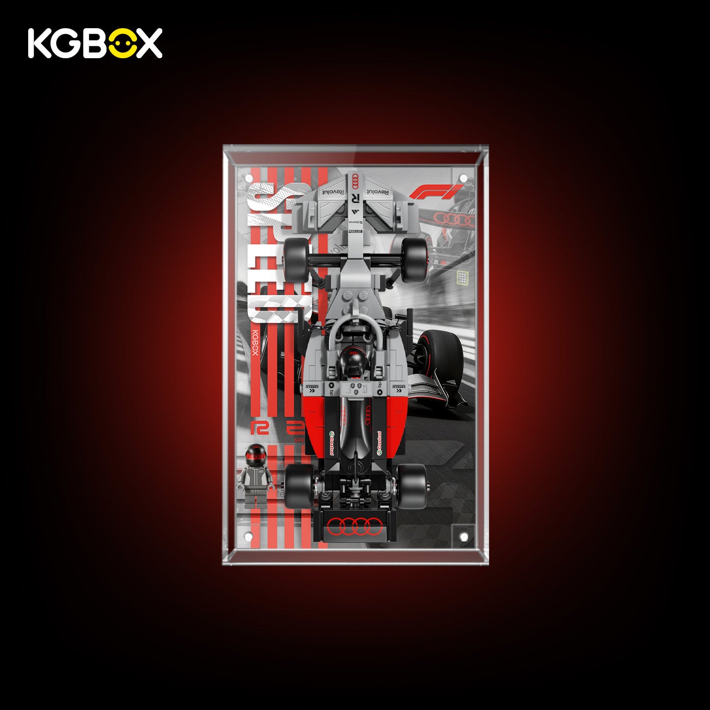 77259 LEGO Audi Revolut F1 Team R26 Race Car Speed Champions Acrylic Display Case with Printed Background