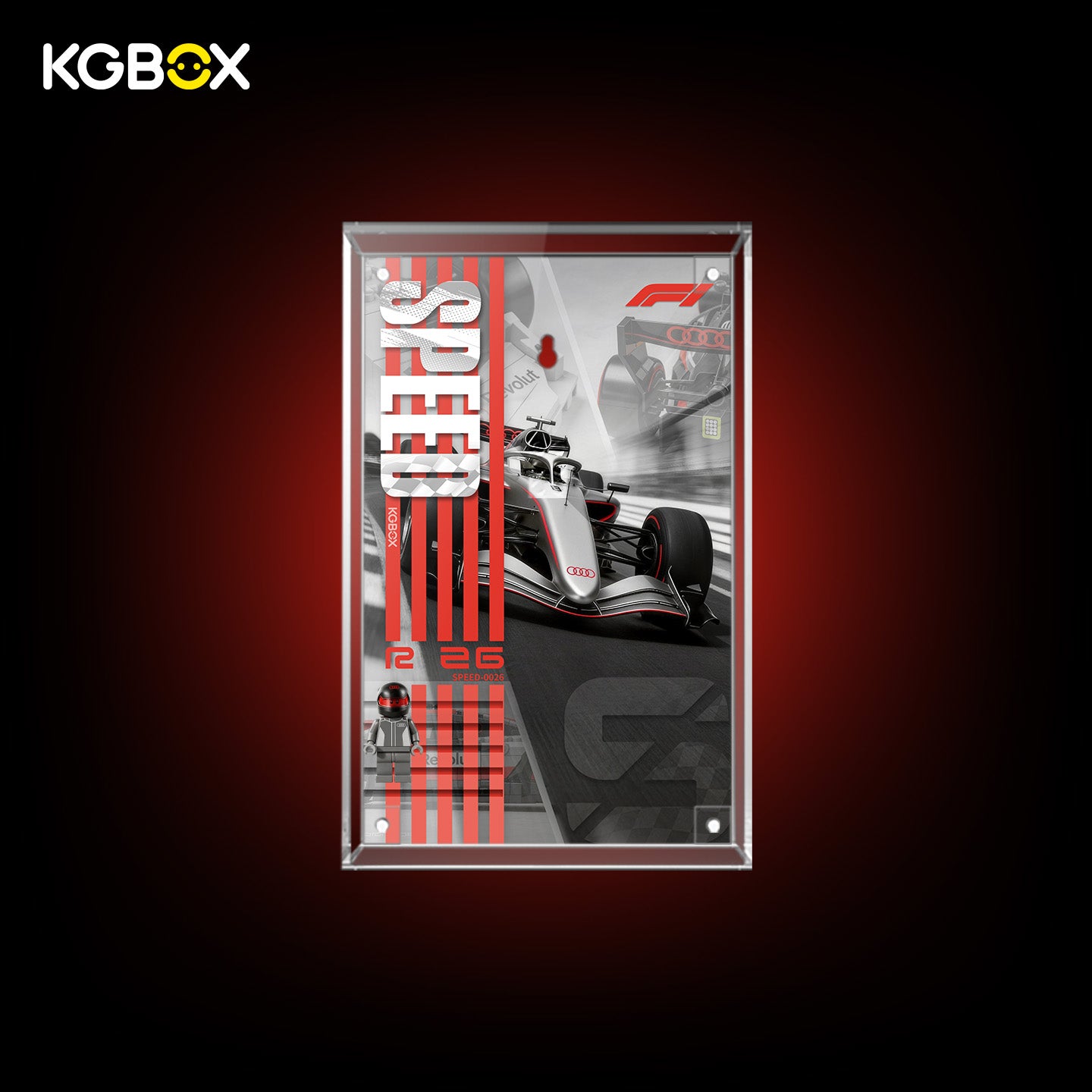 77259 LEGO Audi Revolut F1 Team R26 Race Car Speed Champions Acrylic Display Case with Printed Background 1