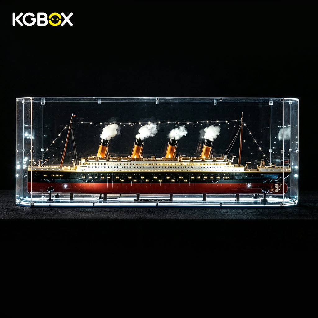 KGBOX gem-shaped acrylic display case for LEGO 10294 Titanic with lit ship lights, light-up engraved base with 4 spotlights