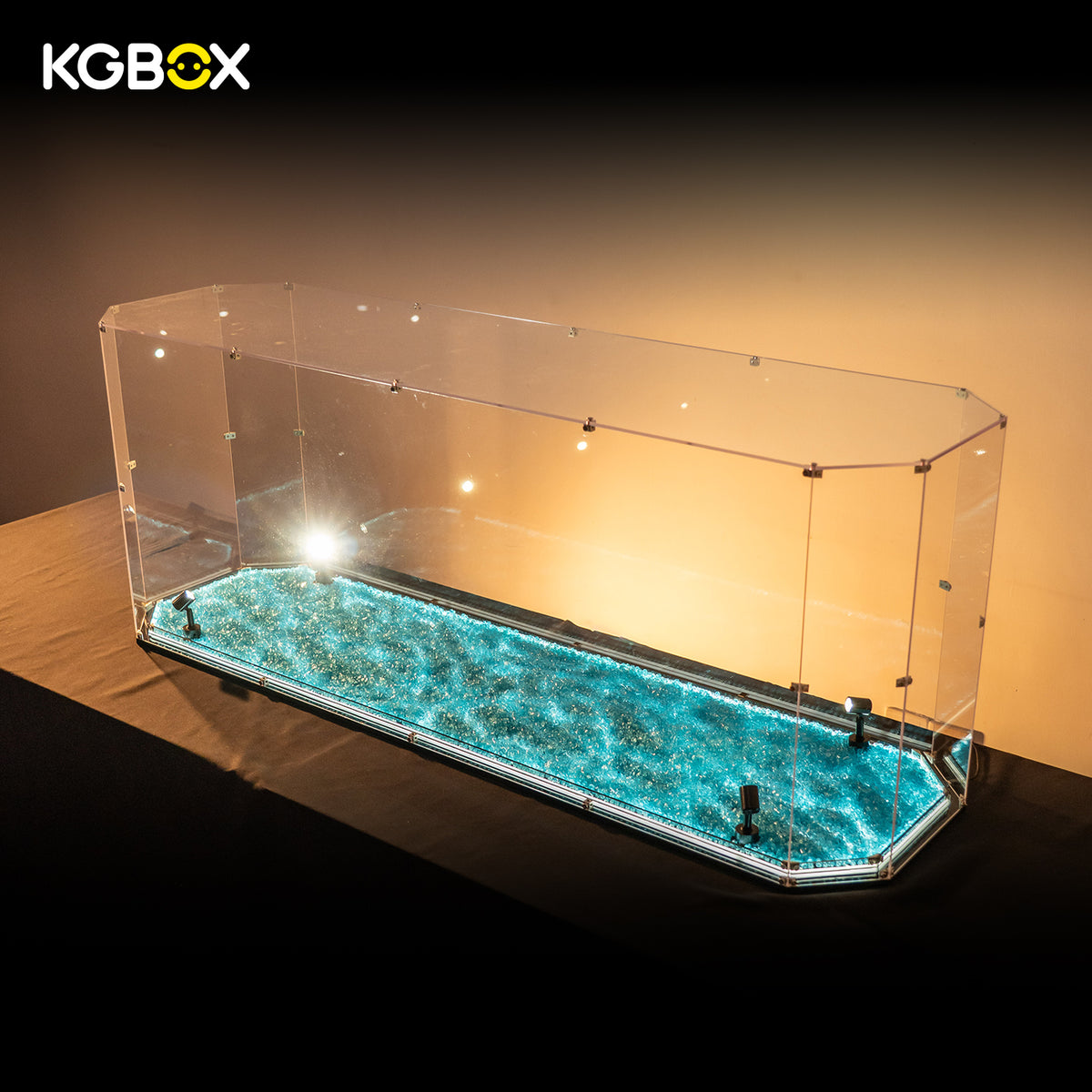 KGBOX gem-shaped acrylic display case for LEGO 10294 Titanic, ocean-particle base with lit spotlights