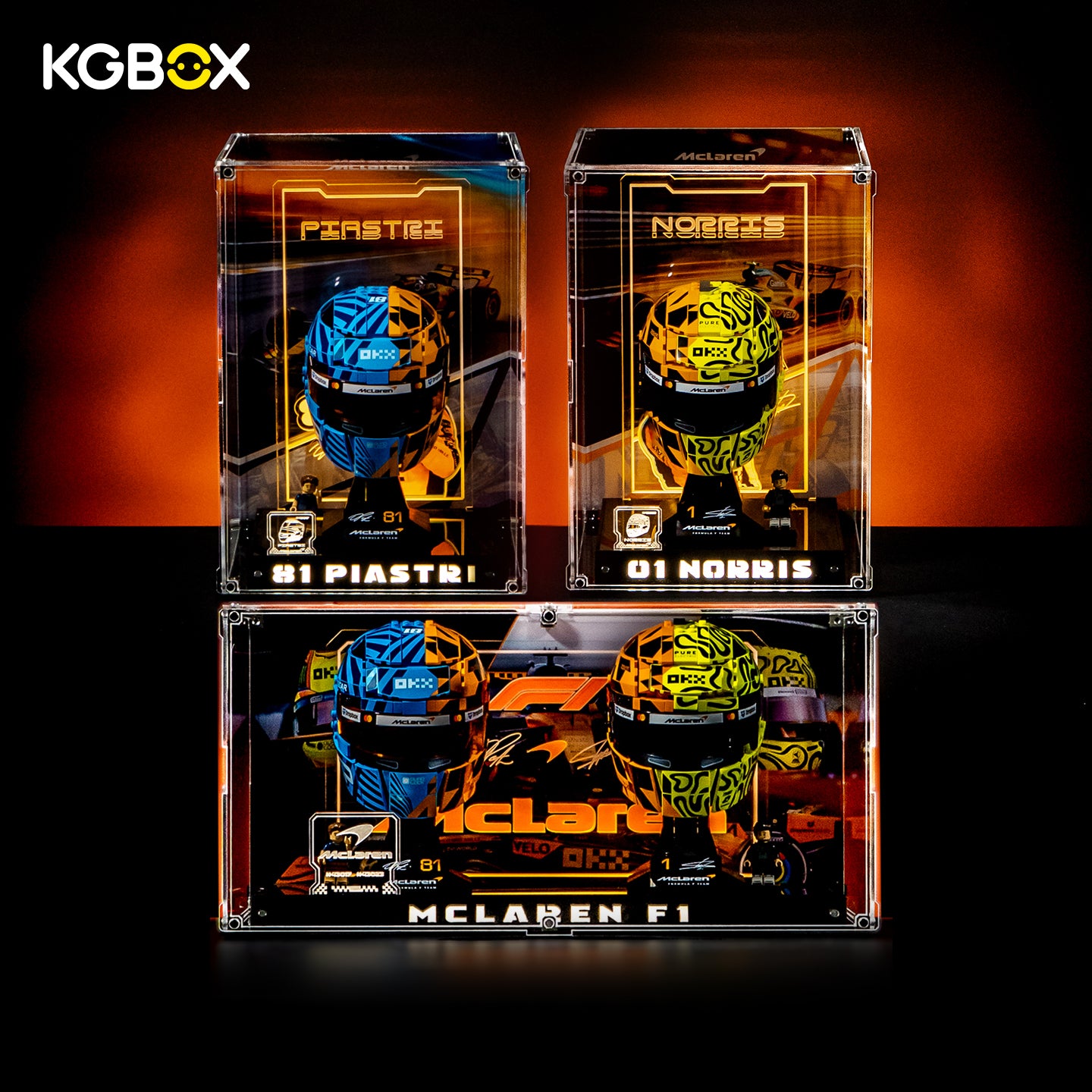 KGBOX Premium Display Case for LEGO McLaren Mastercard F1 43023 Lando Norris & 43017 Oscar Piastri Helmet
