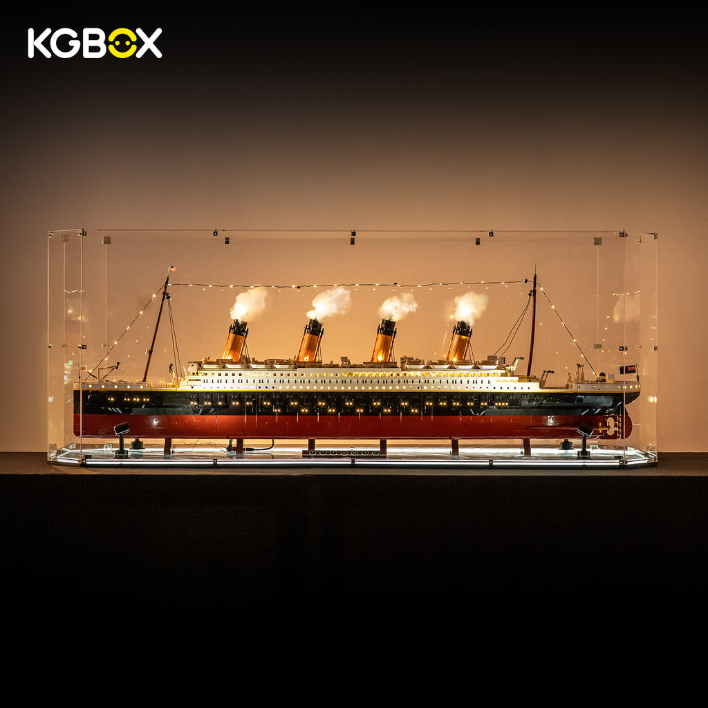 KGBOX gem-shaped acrylic display case for LEGO 10294 Titanic with build and lit ship lights, light-up engraved base with 4 spotlights