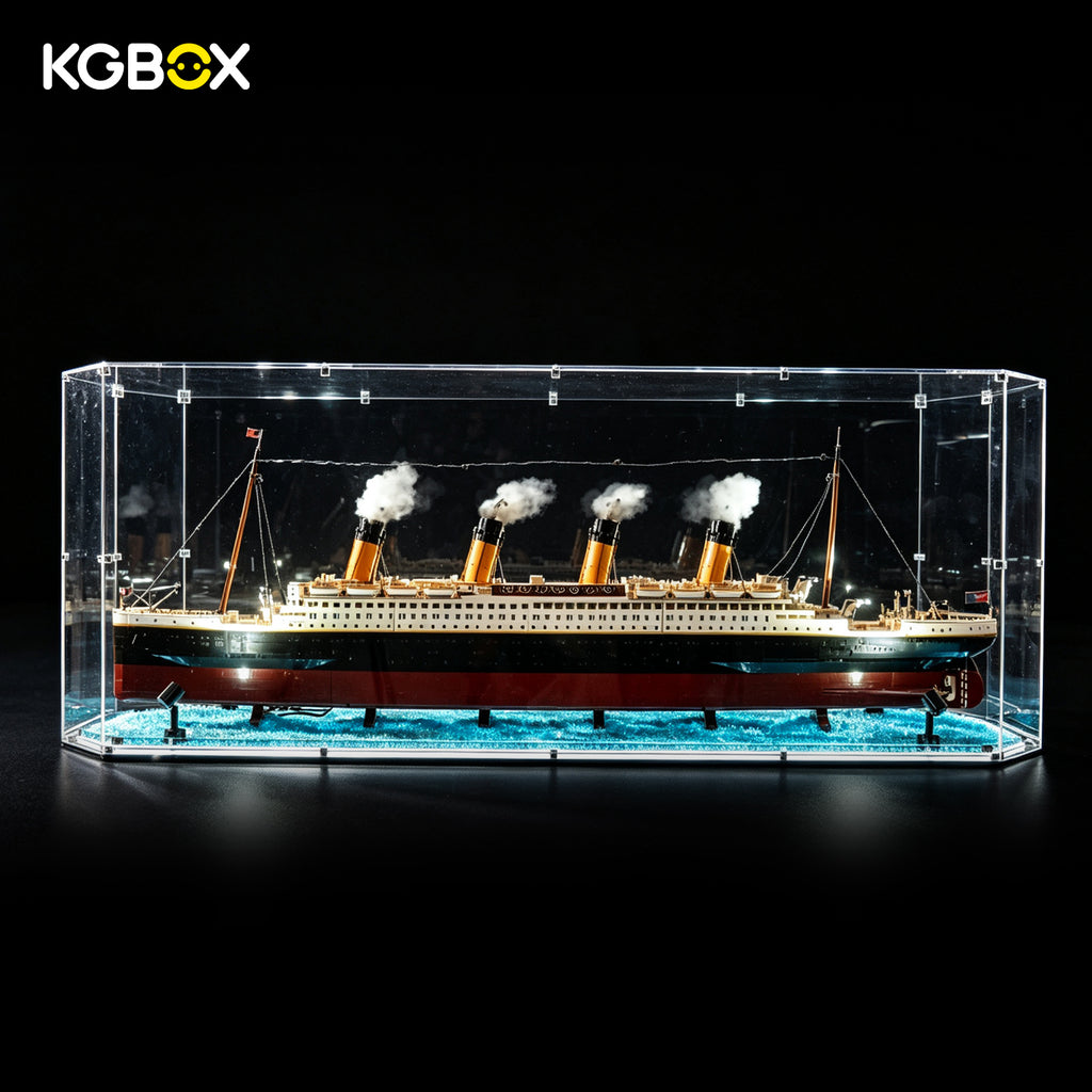 KGBOX gem-shaped acrylic display case for LEGO 10294 Titanic with ocean-particle base and lit spotlights