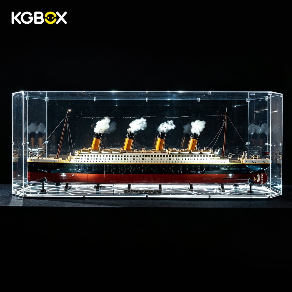 KGBOX gem-shaped acrylic display case for LEGO 10294 Titanic with build, light-up engraved base and 4 spotlights