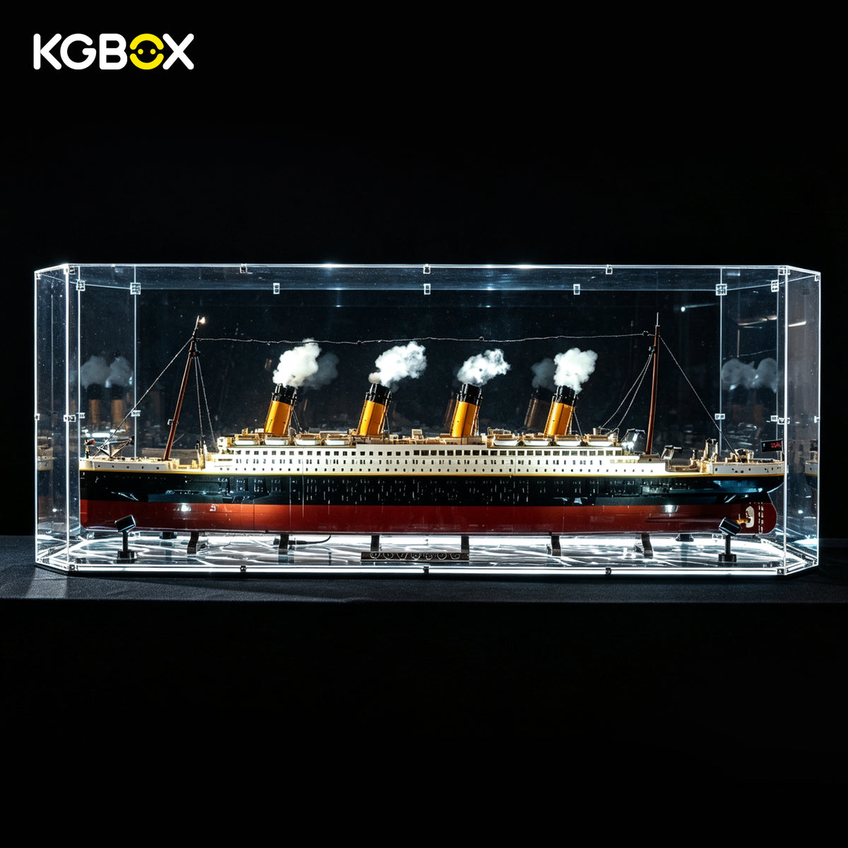 KGBOX gem-shaped acrylic display case for LEGO 10294 Titanic with build, light-up engraved base and 4 spotlights