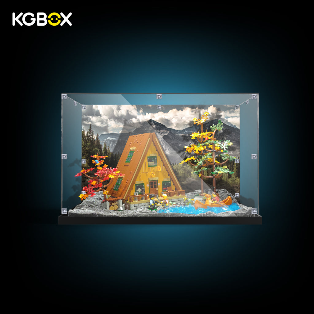 LEGO 21338 A-Frame Cabin display case , mountain backdrop and 3D scene base – KGBOX