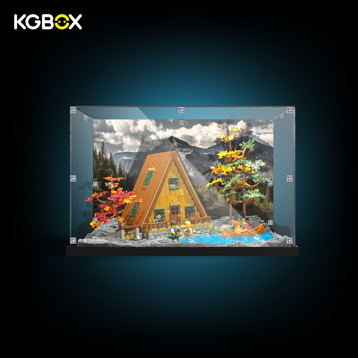 LEGO 21338 A-Frame Cabin display case , mountain backdrop and 3D scene base – KGBOX