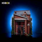 KGBOX empty 3D brick garage scene diorama for LEGO 21371, showing sculpted roof, vines, interior workbench and mirror base