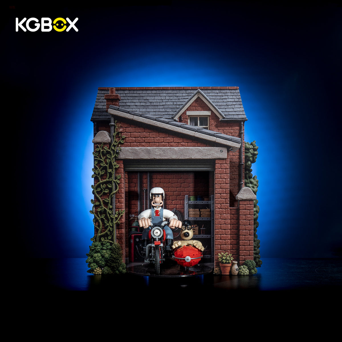 KGBOX 3D brick garage scene display for LEGO 21371 Wallace and Gromit motorbike, wall-mount diorama with minifigures