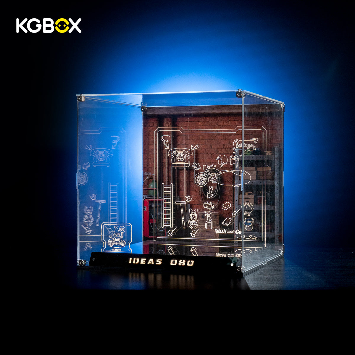 KGBOX collector LED display case side view for LEGO 21371 Wallace and Gromit, showing engraved line-art panel