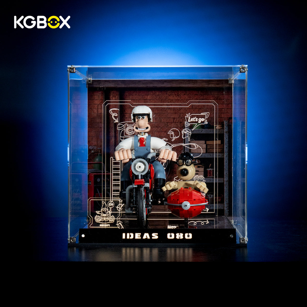 KGBOX acrylic display case with LED for LEGO 21371 Wallace and Gromit, illuminated base and engraved insert panel