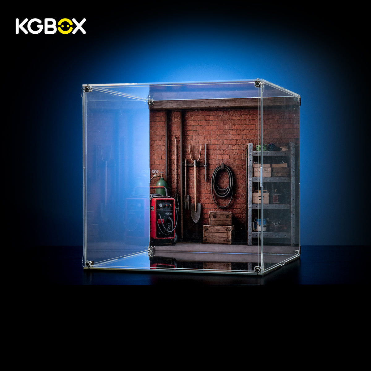 KGBOX standard acrylic display case for LEGO 21371 Wallace and Gromit, empty case showing UV-printed brick garage backdrop and mirror base