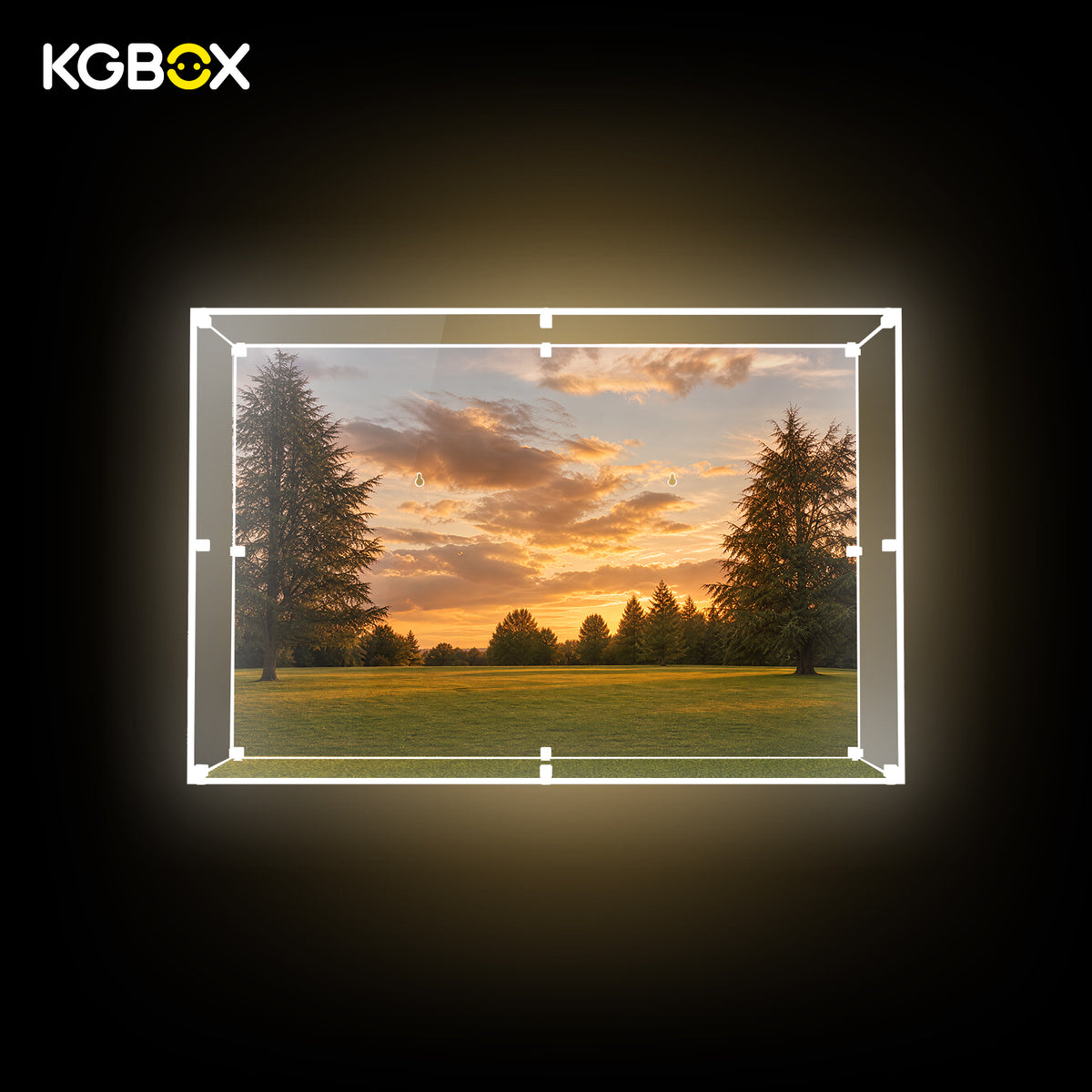 LEGO 21373 Downton Abbey display case with LED strip lighting on, empty with sunset backdrop – KGBOX
