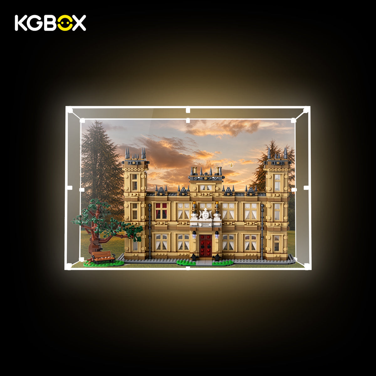 LEGO 21373 Downton Abbey in KGBOX acrylic display case with LED strip lighting on, sunset backdrop – KGBOX