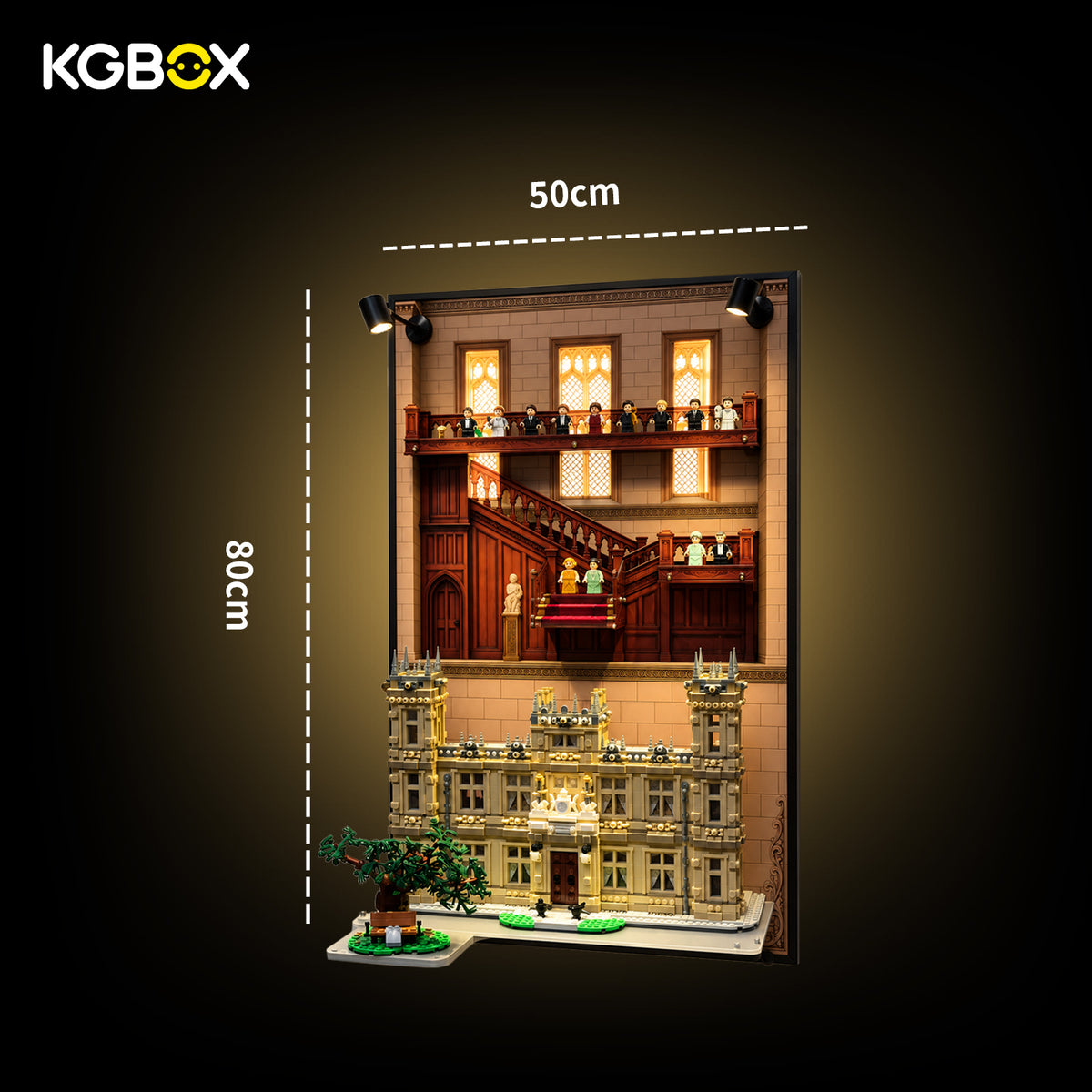 LEGO 21373 Downton Abbey display case dimensions, 50cm wide × 80cm tall LED-lit frame – KGBOX