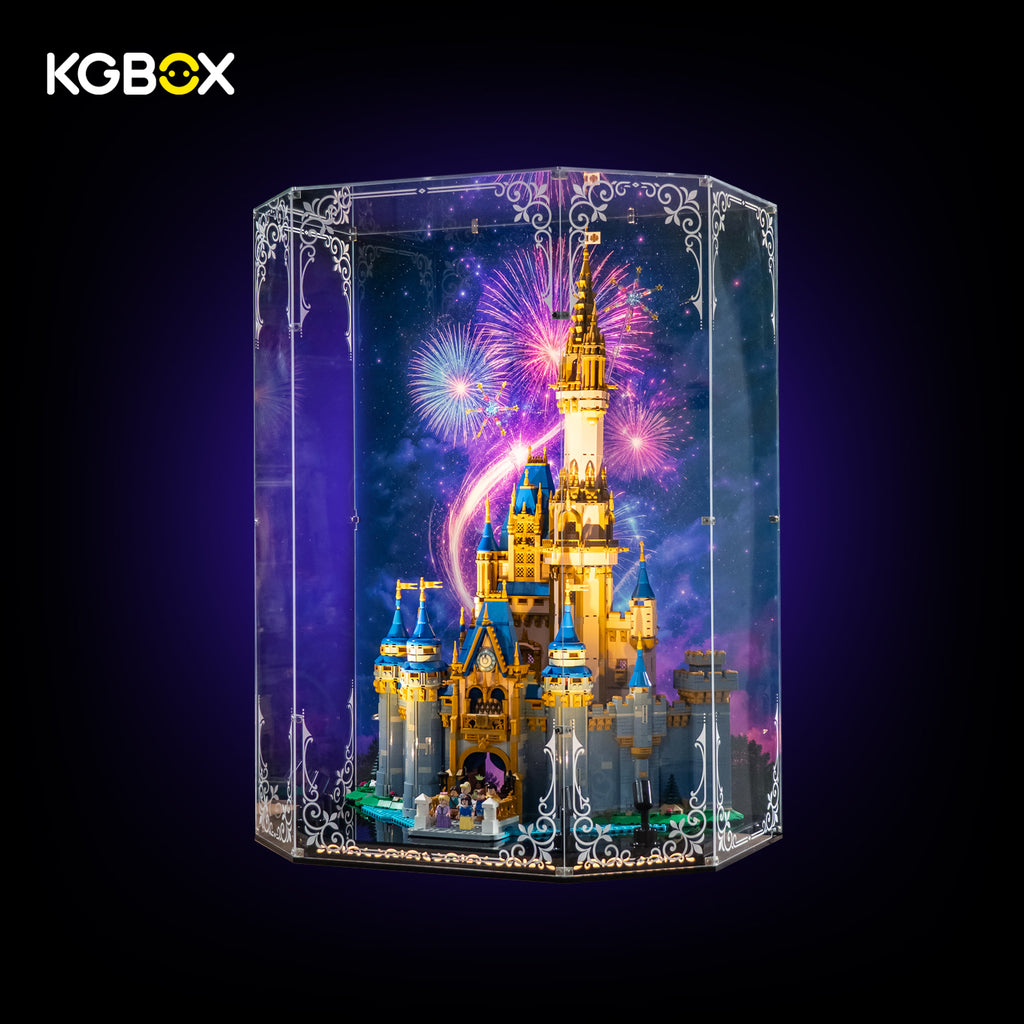 LEGO 43222 Disney Castle display case side view , carved panels and spotlights – KGBOX
