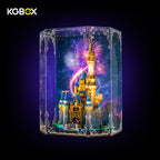 LEGO 43222 Disney Castle display case side view , carved panels and spotlights – KGBOX