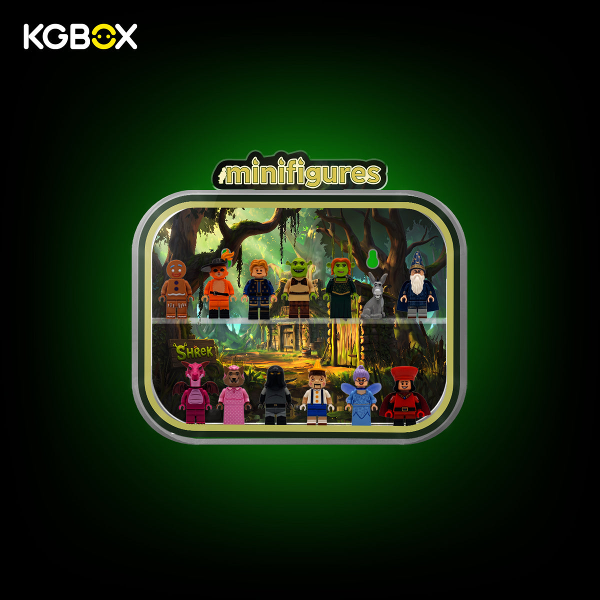 KGBOX rounded acrylic display case for LEGO 71053 Shrek minifigures with build, front view, top minifigures title topper
