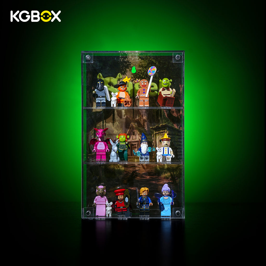 KGBOX standard square acrylic display case for LEGO 71053 Shrek minifigures with build, front view, UV-printed swamp backdrop